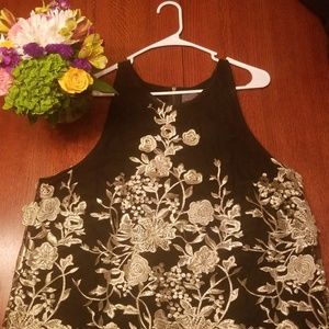 Anthropologie black zip back top embroidered